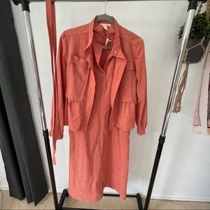 Vintage 1970s sleeveless midi dark peach dress with matching jacket and belt